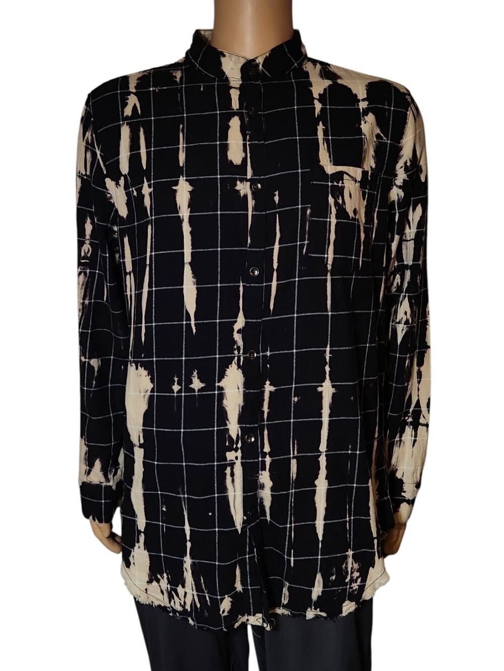 Elwood Long Flannel Shirt Men’s L Bleach dye Raw Hem Band Collar Button Up